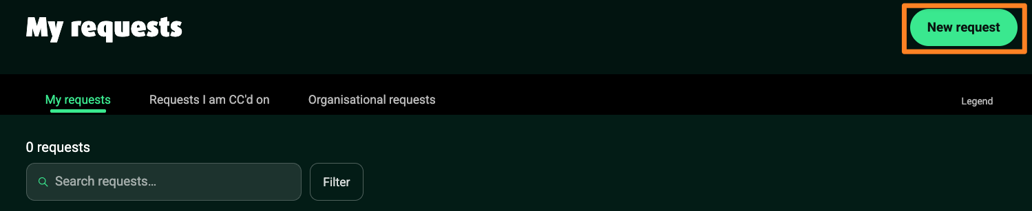 Interface showing request options with a highlighted button for creating a new request.